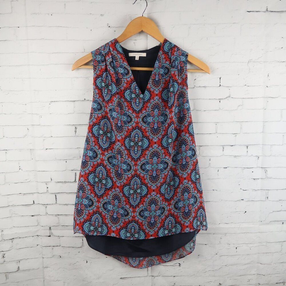 41 HAWTHORN BLUE & RED PAISLEY SLEEVELESS V NECK LAYERED TOP SIZE SMALL